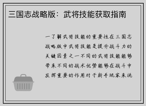 三国志战略版：武将技能获取指南